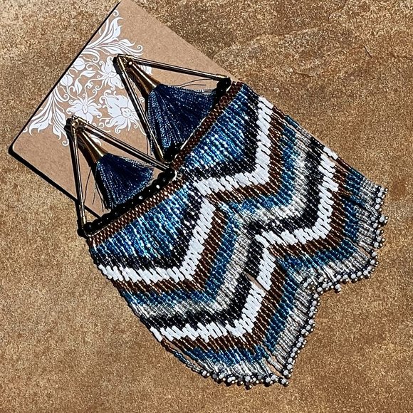 Beaded Fringe Earrings Artisan Handmade Egyptian Long Post Drop Tassel Dangles - Picture 2 of 5